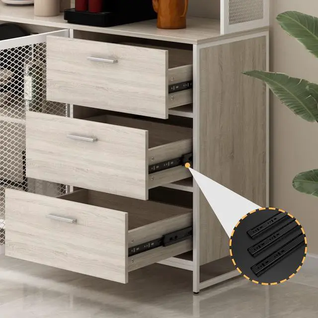 Alt view image 7 of 7 - Large Kitchen Hutch Cabinet, Storage Cupboard Pantry with 3 Metal Doors, 3 Drawers & Microwave Shelf, for Kitchen Open Storage, Oak (59" W x 15.7" D x 68.5" H)