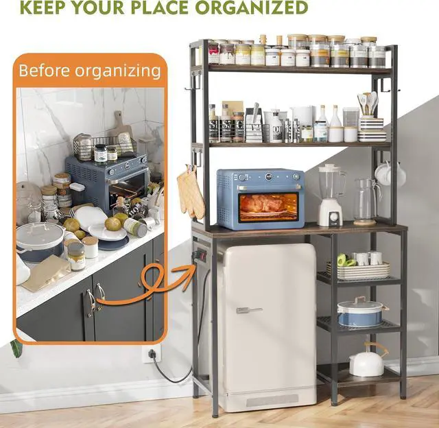 Alt view image 3 of 7 - Bakers Rack with Storage Cabinet Coffee Bar Cabinet Bakers Rack with Power Outlet Microwave Stand with Storage for Kitchen, Space Saving, Easy Assembly,OAK