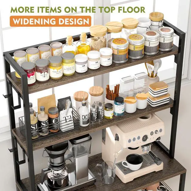 Alt view image 4 of 7 - Bakers Rack with Storage Cabinet Coffee Bar Cabinet Bakers Rack with Power Outlet Microwave Stand with Storage for Kitchen, Space Saving, Easy Assembly,OAK