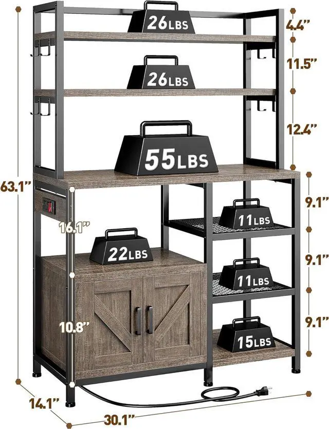 Alt view image 2 of 7 - Bakers Rack with Power Outlet, 6-Tier Coffee Bar with Storage Cabinet, Microwave Stand with Side Hooks, Utility Shelf for Kitchens