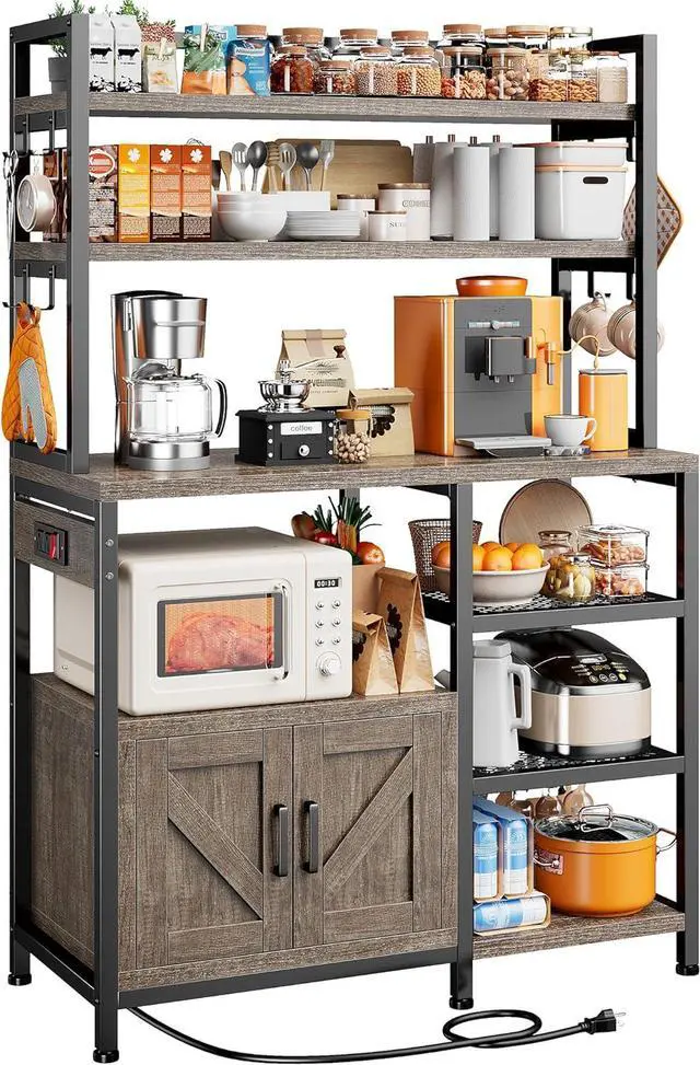 Main image of Bakers Rack with Power Outlet, 6-Tier Coffee Bar with Storage Cabinet, Microwave Stand with Side Hooks, Utility Shelf for Kitchens