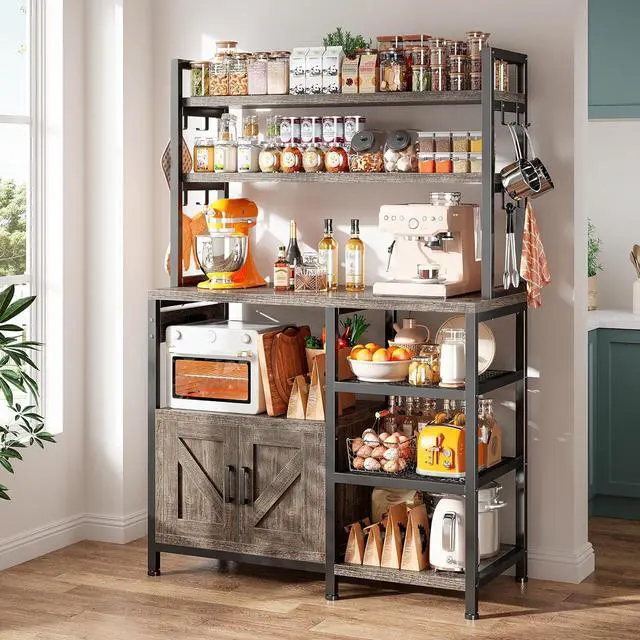 Alt view image 6 of 7 - Bakers Rack with Power Outlet, 6-Tier Coffee Bar with Storage Cabinet, Microwave Stand with Side Hooks, Utility Shelf for Kitchens