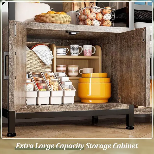 Alt view image 4 of 7 - Bakers Rack with Power Outlet, 6-Tier Coffee Bar with Storage Cabinet, Microwave Stand with Side Hooks, Utility Shelf for Kitchens