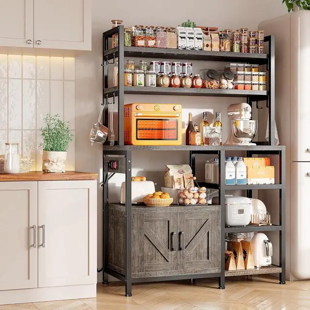 Alt view image 7 of 7 - Bakers Rack with Power Outlet, 6-Tier Coffee Bar with Storage Cabinet, Microwave Stand with Side Hooks, Utility Shelf for Kitchens