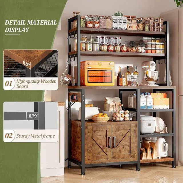 Alt view image 6 of 7 - Bakers Rack with Power Outlet, Coffee Bar with Storage Cabinet, 6-Tier Microwave Stand, Kitchen Storage Shelf with Side Hooks, Utility Shelf for Kitchens, Rustic Brown