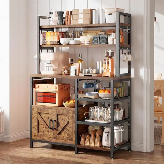 Alt view image 7 of 7 - Bakers Rack with Power Outlet, Coffee Bar with Storage Cabinet, 6-Tier Microwave Stand, Kitchen Storage Shelf with Side Hooks, Utility Shelf for Kitchens, Rustic Brown