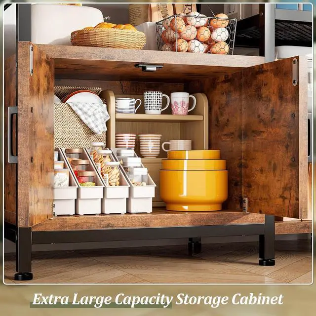 Alt view image 5 of 7 - Bakers Rack with Power Outlet, Coffee Bar with Storage Cabinet, 6-Tier Microwave Stand, Kitchen Storage Shelf with Side Hooks, Utility Shelf for Kitchens, Rustic Brown