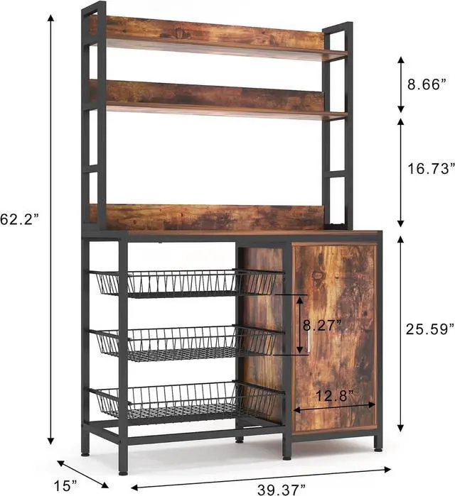 Alt view image 2 of 7 - Kitchen Bakers Rack with Baskets and Door,Industrial Microwave Oven Stand,Kitchen Utility Storage Shelf,Free Standing Kitchen Utility Cart Storage Shelf Organizer with Hooks