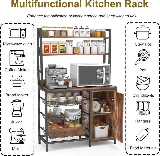 Alt view image 3 of 7 - Kitchen Bakers Rack with Baskets and Door,Industrial Microwave Oven Stand,Kitchen Utility Storage Shelf,Free Standing Kitchen Utility Cart Storage Shelf Organizer with Hooks