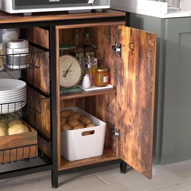 Alt view image 6 of 7 - Kitchen Bakers Rack with Baskets and Door,Industrial Microwave Oven Stand,Kitchen Utility Storage Shelf,Free Standing Kitchen Utility Cart Storage Shelf Organizer with Hooks