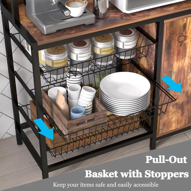 Alt view image 4 of 7 - Kitchen Bakers Rack with Baskets and Door,Industrial Microwave Oven Stand,Kitchen Utility Storage Shelf,Free Standing Kitchen Utility Cart Storage Shelf Organizer with Hooks
