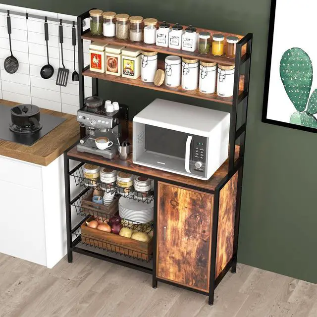 Alt view image 7 of 7 - Kitchen Bakers Rack with Baskets and Door,Industrial Microwave Oven Stand,Kitchen Utility Storage Shelf,Free Standing Kitchen Utility Cart Storage Shelf Organizer with Hooks