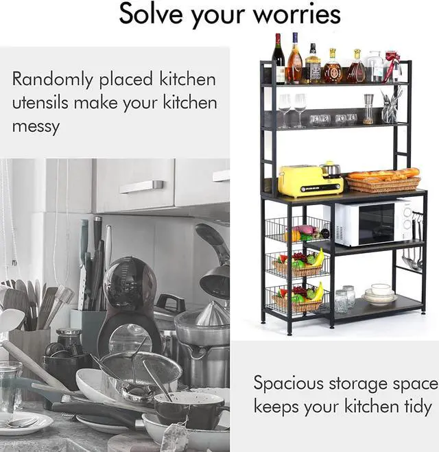 Alt view image 6 of 7 - Kitchen Bakers Rack with Baskets,5-Tier Kitchen Utility Storage Shelf with Hooks, Microwave Oven Stand Rack, Free Standing Kitchen Shelf Vintage Grey