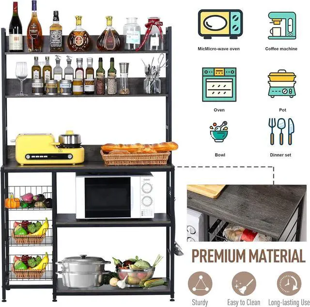 Alt view image 5 of 7 - Kitchen Bakers Rack with Baskets,5-Tier Kitchen Utility Storage Shelf with Hooks, Microwave Oven Stand Rack, Free Standing Kitchen Shelf Vintage Grey