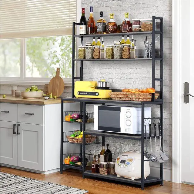 Alt view image 7 of 7 - Kitchen Bakers Rack with Baskets,5-Tier Kitchen Utility Storage Shelf with Hooks, Microwave Oven Stand Rack, Free Standing Kitchen Shelf Vintage Grey
