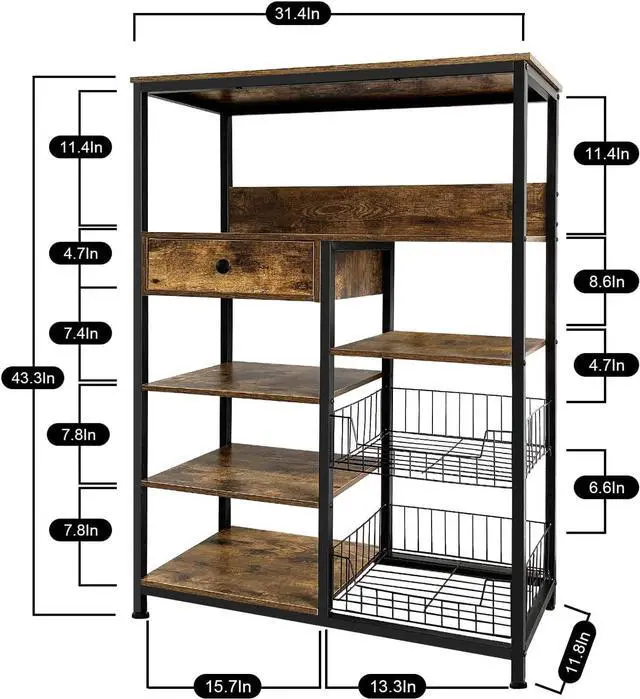 Alt view image 3 of 7 - 5-Tier Kitchen Bakers Rack,Industrial Microwave Oven Stand,Kitchen Utility Storage Shelf,Free Standing Kitchen Organizer for Spices, Pots, Pans and Oven (Rustic Brown)