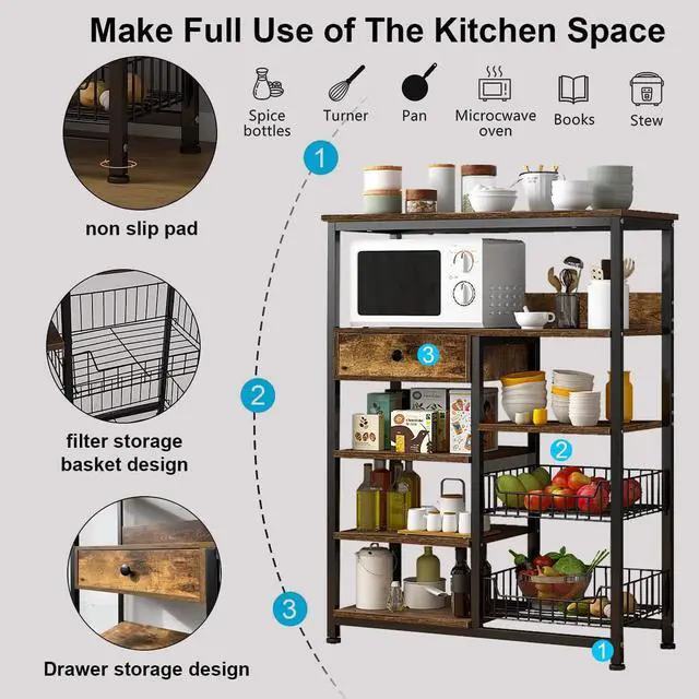 Alt view image 4 of 7 - 5-Tier Kitchen Bakers Rack,Industrial Microwave Oven Stand,Kitchen Utility Storage Shelf,Free Standing Kitchen Organizer for Spices, Pots, Pans and Oven (Rustic Brown)