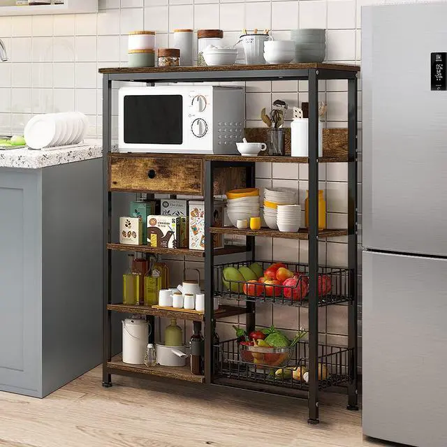 Alt view image 2 of 7 - 5-Tier Kitchen Bakers Rack,Industrial Microwave Oven Stand,Kitchen Utility Storage Shelf,Free Standing Kitchen Organizer for Spices, Pots, Pans and Oven (Rustic Brown)