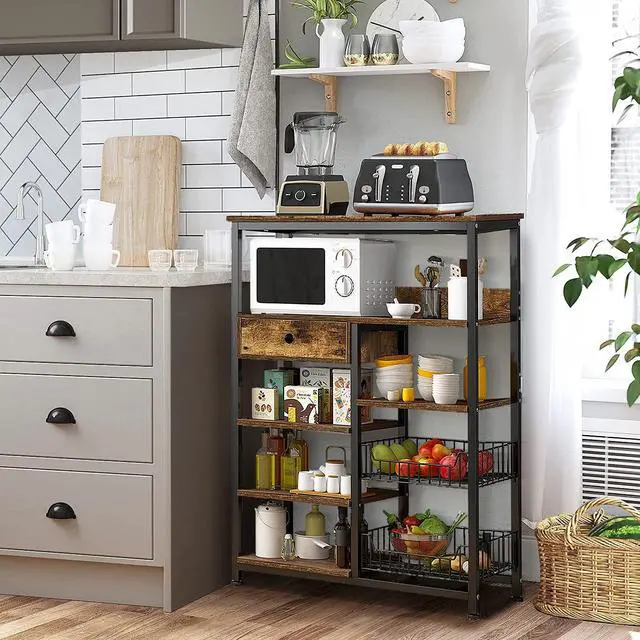 Alt view image 7 of 7 - 5-Tier Kitchen Bakers Rack,Industrial Microwave Oven Stand,Kitchen Utility Storage Shelf,Free Standing Kitchen Organizer for Spices, Pots, Pans and Oven (Rustic Brown)