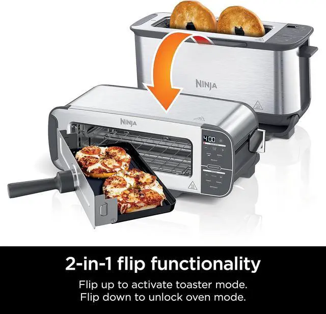 Alt view image 3 of 7 - Ninja ST101 Foodi 2-in-1 Flip Toaster, 2-Slice Capacity, Compact Toaster Oven, Snack Maker, Reheat, Defrost, 1500 Watts, Stainless Steel, 6 Functions