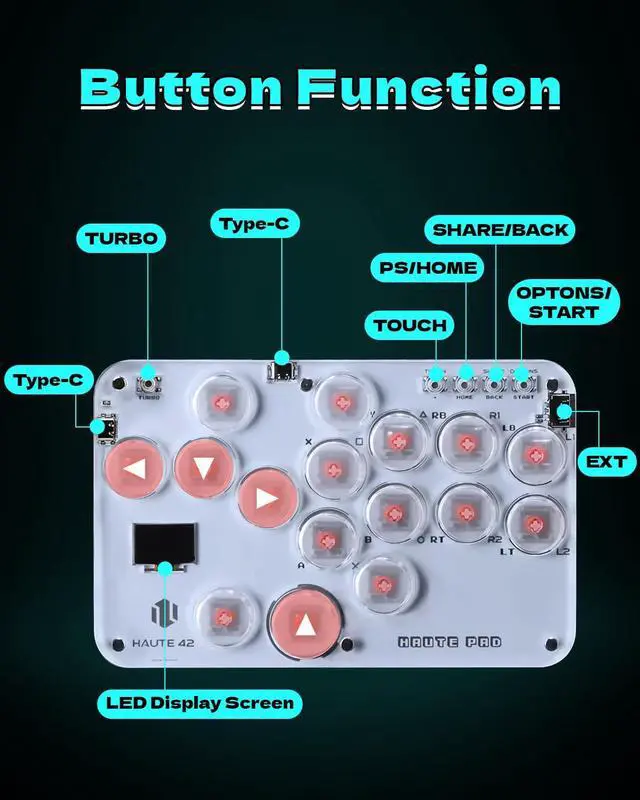 Alt view image 6 of 7 - Haute42 Arcade Stick S16 All-Button Gamerfinger with Custom RGB & Turbo Functions,Arcade Controller Street Fight for PC/Ps3/Ps4/Switch/Steam Game Keyboard-Supports Hot Swap & SOCD
