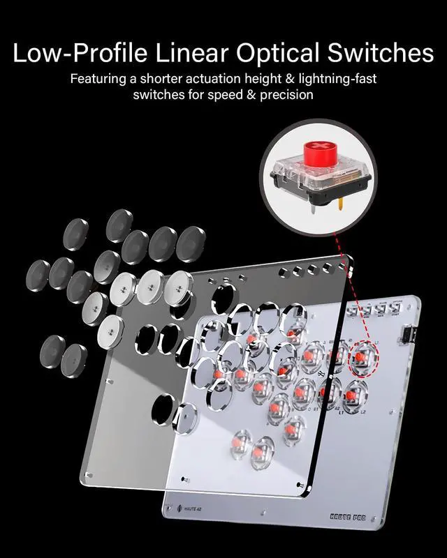 Alt view image 5 of 7 - Haute42 Arcade Stick T16, All-Button Arcade Controller for Switch/PC/PS4/PS3 /Steam Deck, Slim Arcade Fight Stick Game Keyboard with Turbo & Custom RGB, Supports Hot-Swap & SOCD