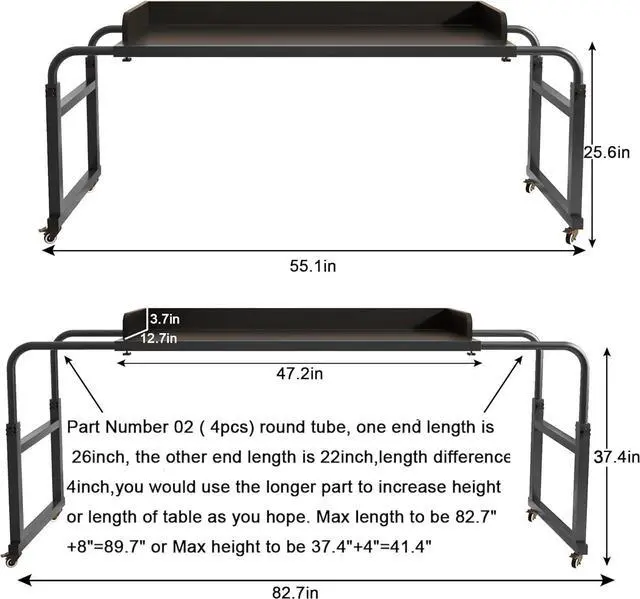 Alt view image 3 of 6 - Overbed Table with Wheels Overbed Desk  55.1" Over Bed Desk King Queen Bed Table Overbed Laptop Table Over Bed Table with Wheels(Black)