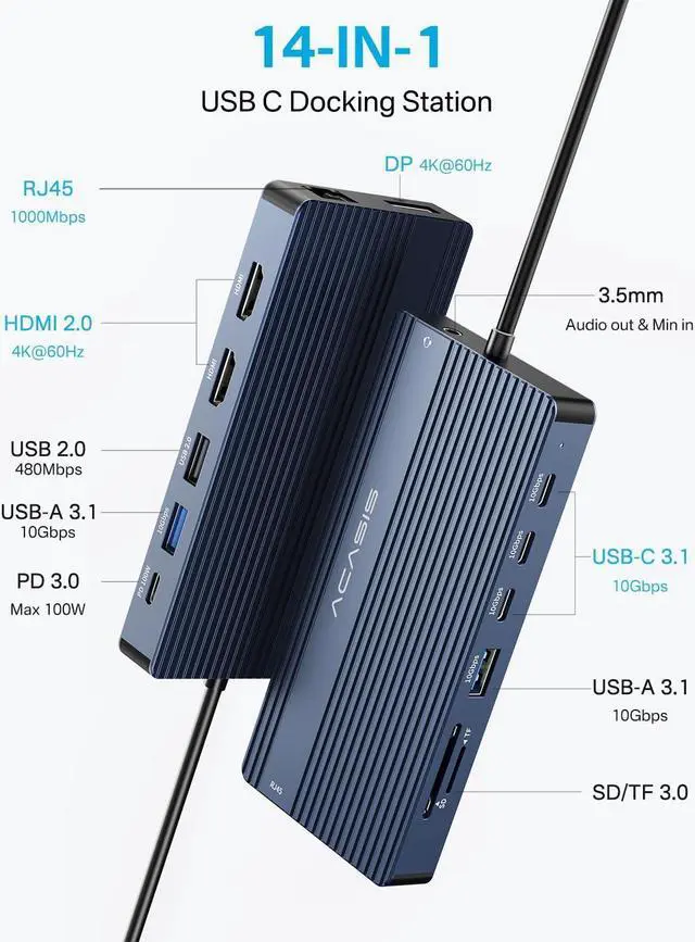 Alt view image 2 of 7 - USB C Docking Station Dual HDMI Monitor, Laptop Docking Station Triple Display, with 2 HDMI+DP(4K60Hz), Ethernet, 3 USBC 10Gbps,100W PD, SD/TF 3.0, Audio - for MacBook, Dell, Lenovo, Surface