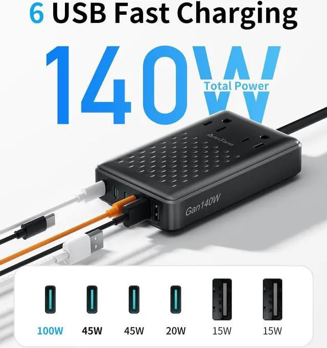 Alt view image 4 of 7 - Charging Station 140W USB C Charger Block 8 Port Fast Charging Power Strip 3FT Extension Cord with 4 USB C 2 USB A Ports 2 AC Outlets,Compatible with iPhone 15/14, MacBook Pro/Air