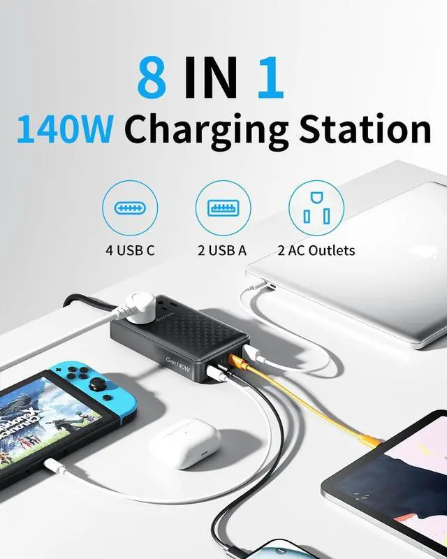 Alt view image 3 of 7 - Charging Station 140W USB C Charger Block 8 Port Fast Charging Power Strip 3FT Extension Cord with 4 USB C 2 USB A Ports 2 AC Outlets,Compatible with iPhone 15/14, MacBook Pro/Air