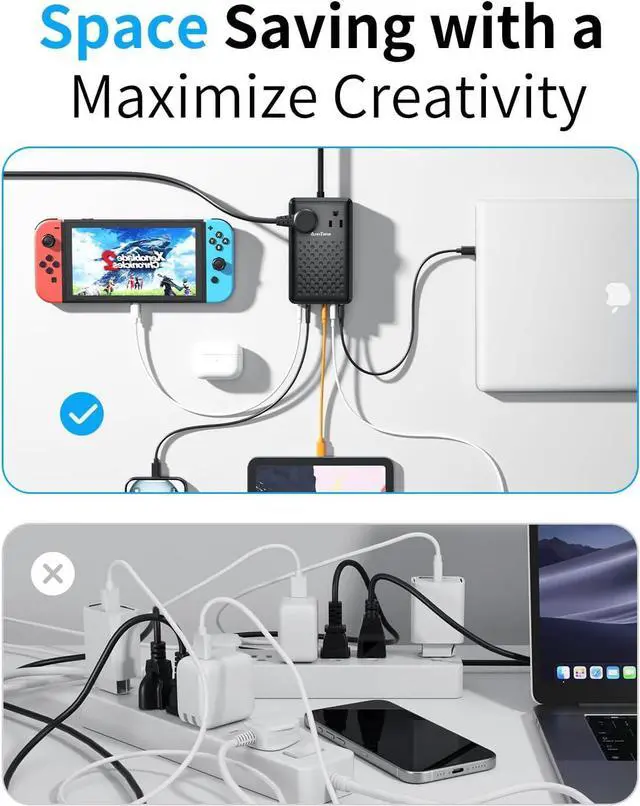 Alt view image 6 of 7 - Charging Station 140W USB C Charger Block 8 Port Fast Charging Power Strip 3FT Extension Cord with 4 USB C 2 USB A Ports 2 AC Outlets,Compatible with iPhone 15/14, MacBook Pro/Air