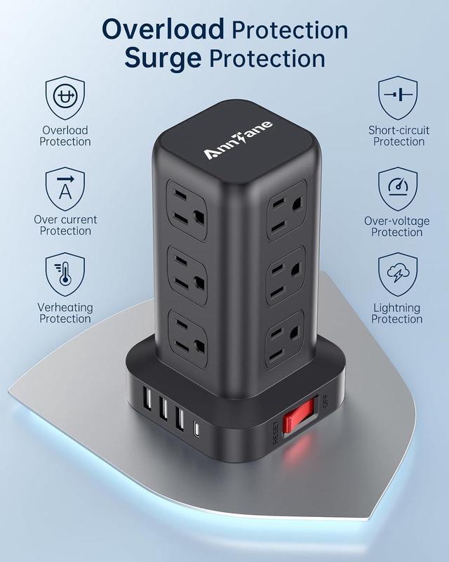 Alt view image 4 of 7 - Surge Protector Power Strip 10 FT Cord, Power Strip Tower with 4 USB Ports (1USB C), Extension Cord with 12 AC Multiple Outlets, Home Office Supplies Desk Accessories, Dorm Room Essentials