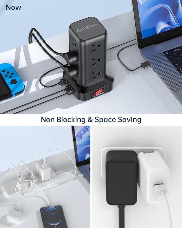 Alt view image 6 of 7 - Surge Protector Power Strip 10 FT Cord, Power Strip Tower with 4 USB Ports (1USB C), Extension Cord with 12 AC Multiple Outlets, Home Office Supplies Desk Accessories, Dorm Room Essentials