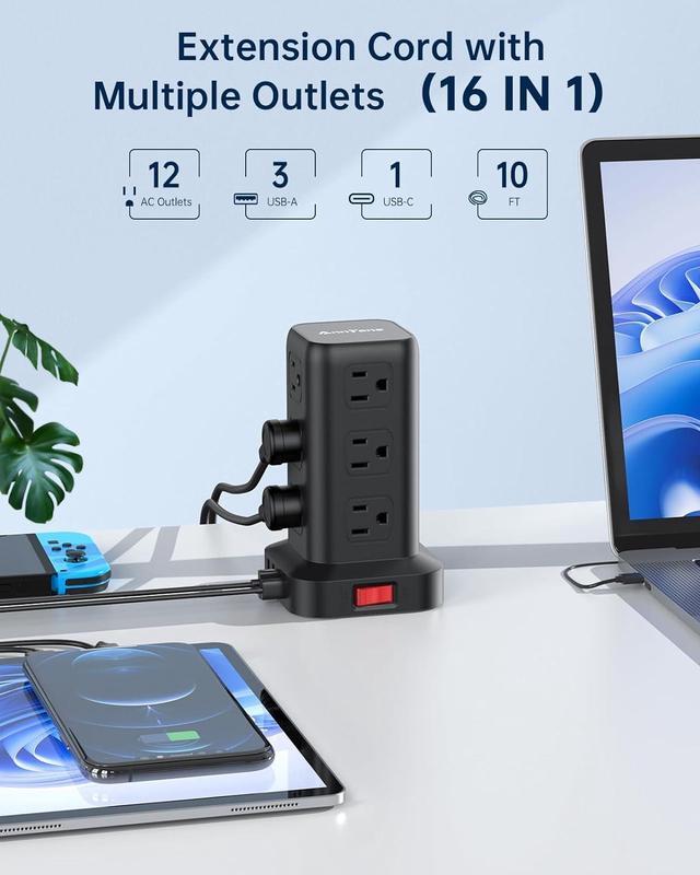 Alt view image 2 of 7 - Surge Protector Power Strip 10 FT Cord, Power Strip Tower with 4 USB Ports (1USB C), Extension Cord with 12 AC Multiple Outlets, Home Office Supplies Desk Accessories, Dorm Room Essentials