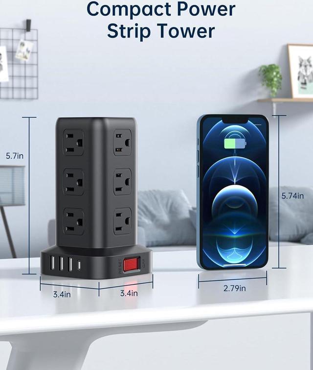 Alt view image 3 of 7 - Surge Protector Power Strip 10 FT Cord, Power Strip Tower with 4 USB Ports (1USB C), Extension Cord with 12 AC Multiple Outlets, Home Office Supplies Desk Accessories, Dorm Room Essentials
