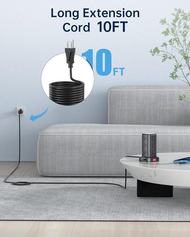 Alt view image 5 of 7 - Surge Protector Power Strip 10 FT Cord, Power Strip Tower with 4 USB Ports (1USB C), Extension Cord with 12 AC Multiple Outlets, Home Office Supplies Desk Accessories, Dorm Room Essentials