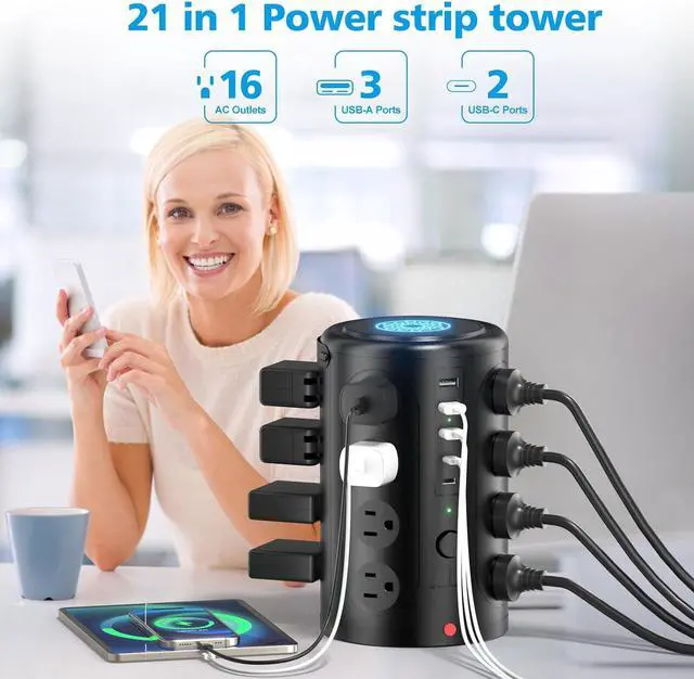 Alt view image 2 of 6 - Tower Power Strip Surge Protector with 16 Outlets and 5 USB Ports (2 USB-C),15FT Extension Cord with Multiple Outlets,Heavy Duty Charging Station,Home Office Dorm Room Essentials. No Wireless Charging