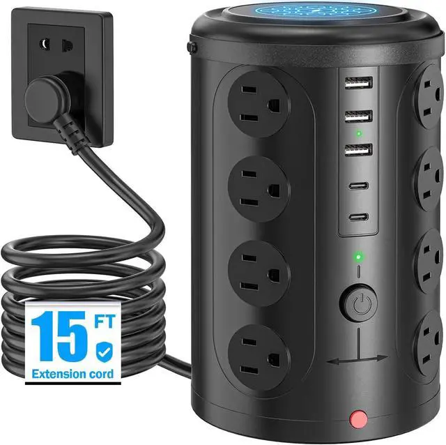 Main image of Tower Power Strip Surge Protector with 16 Outlets and 5 USB Ports (2 USB-C),15FT Extension Cord with Multiple Outlets,Heavy Duty Charging Station,Home Office Dorm Room Essentials. No Wireless Charging
