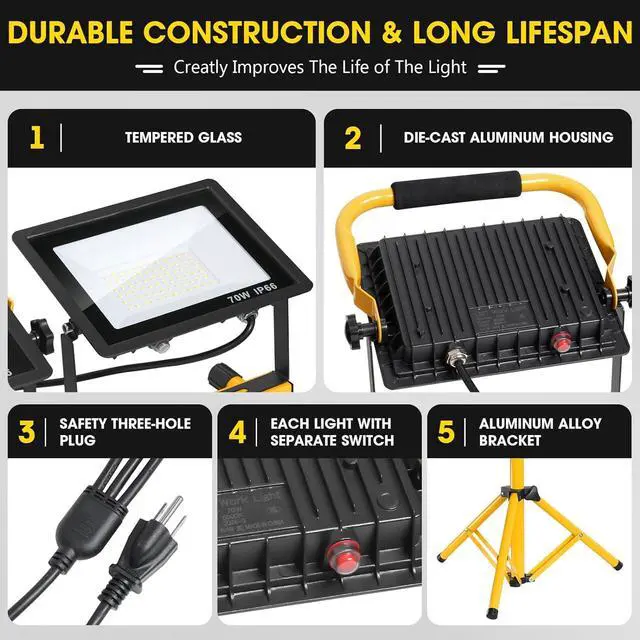 Alt view image 4 of 7 - 21000Lumen LED Work Lights with Stand - 3 Head Portable Work Light with 16FT Cord - IP66 Waterproof Tripod Worklights for Outdoor Indoor Job Site Workshop Garage Construction Site Lighting