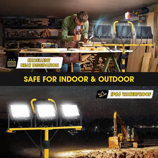 Alt view image 6 of 7 - 21000Lumen LED Work Lights with Stand - 3 Head Portable Work Light with 16FT Cord - IP66 Waterproof Tripod Worklights for Outdoor Indoor Job Site Workshop Garage Construction Site Lighting