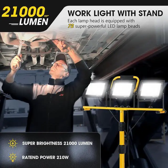 Alt view image 2 of 7 - 21000Lumen LED Work Lights with Stand - 3 Head Portable Work Light with 16FT Cord - IP66 Waterproof Tripod Worklights for Outdoor Indoor Job Site Workshop Garage Construction Site Lighting