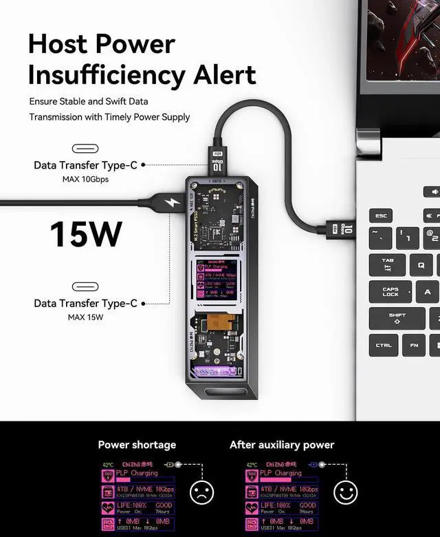 Alt view image 4 of 7 - Explorer Edition M.2 NVMe SSD Enclosure,Support 10s PLP Prevents Write Data Loss,USB 3.2 Gen 2 Type-C (10 Gbps), fits NVMe PCIe,Size 2230/2242/2260/2280,Support M-Key B+M Key UASP
