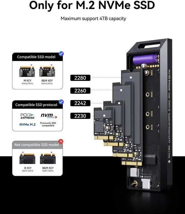 Alt view image 6 of 7 - Explorer Edition M.2 NVMe SSD Enclosure,Support 10s PLP Prevents Write Data Loss,USB 3.2 Gen 2 Type-C (10 Gbps), fits NVMe PCIe,Size 2230/2242/2260/2280,Support M-Key B+M Key UASP