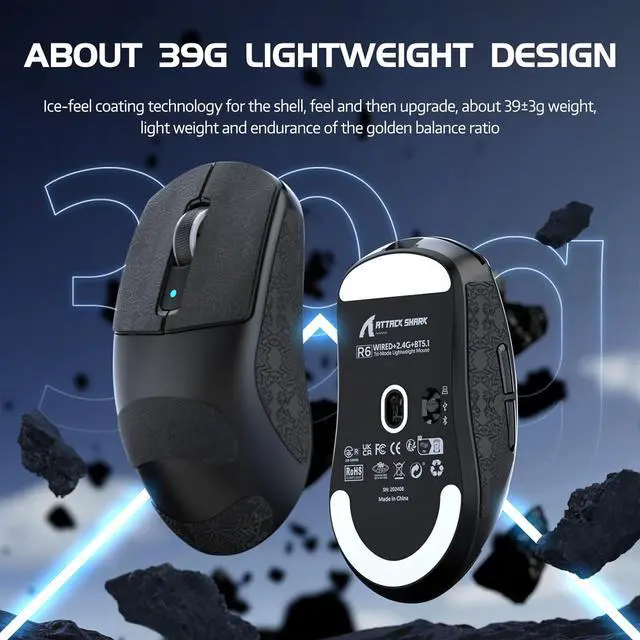 Alt view image 5 of 7 - Lightweight Wireless Gaming Mouse,PAW 3950Max Sensor Computer Mouse with Nordic 52480,8KHz Polling,42K DPl,OMRON Optaicl Switch,USB-C Charging,7 Programmable Buttons(Black & Sticker)
