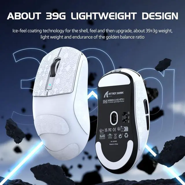 Alt view image 5 of 7 - Lightweight Wireless Gaming Mouse,PAW 3950Max Sensor Computer Mouse with Nordic 52480,8KHz Polling,42K DPl,OMRON Optaicl Switch,USB-C Charging,7 Programmable Buttons(White & Sticker)