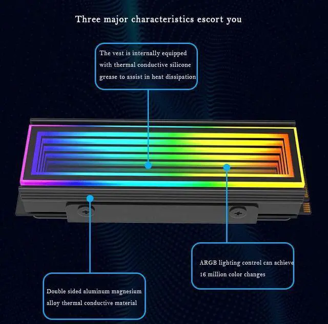 Alt view image 6 of 7 - M.2 2280 ARGB Hard Drive Heatsink Cooling M2.2280 SSD Cooler 5V 3Pin Addressable RGB Sync Multi Mainboard Efficient Heat Dissipation SSD Radiator with Thermal Pad (Black)