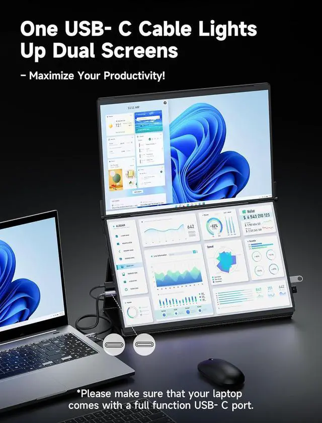 Alt view image 2 of 7 - 15.6" Portable Monitor - Magnetic Dual Screen Extender with Built-in Hub, Single-Cable Triple Display & Collapsible Stand for Windows Laptops