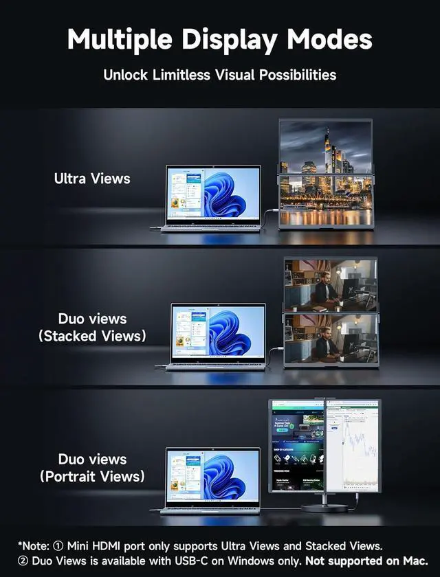 Alt view image 3 of 7 - 15.6" Portable Monitor - Magnetic Dual Screen Extender with Built-in Hub, Single-Cable Triple Display & Collapsible Stand for Windows Laptops