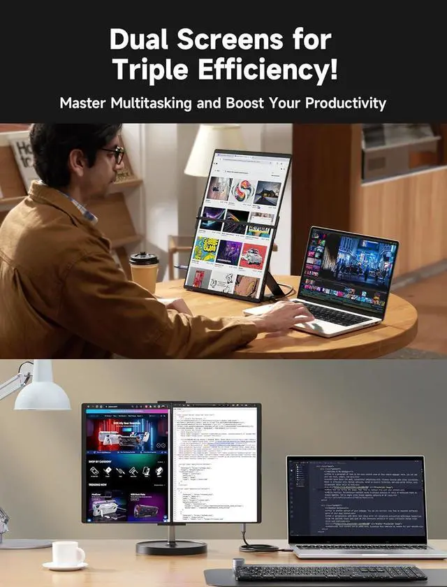 Alt view image 5 of 7 - 15.6" Portable Monitor - Magnetic Dual Screen Extender with Built-in Hub, Single-Cable Triple Display & Collapsible Stand for Windows Laptops