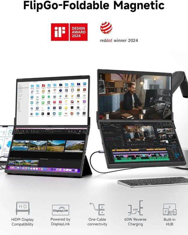 Alt view image 2 of 6 - Laptop Screen Extender, 15.6" 1080P FHD IPS Dual Portable Monitor, Triple Screen Laptop Monitor Extender with Built-in Hub, Magnetic Design, Plug & Play for Wins/Mac (Driver Required)